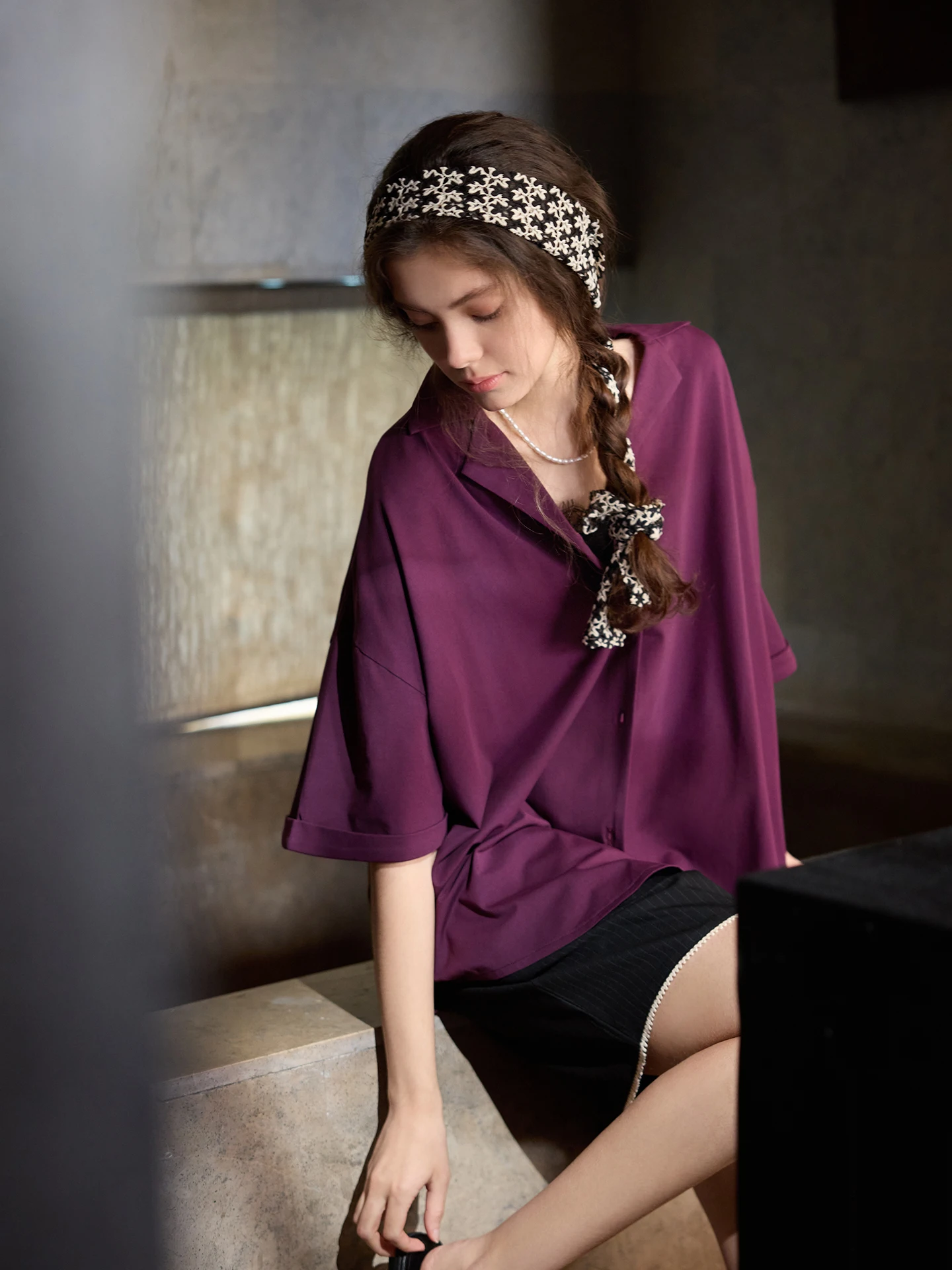 miteen-purple-shadow-linger-summer-sleepwear-set-soft-cotton-loose-fit-short-sleeve-home-comfortable-skin-friendly-outfit