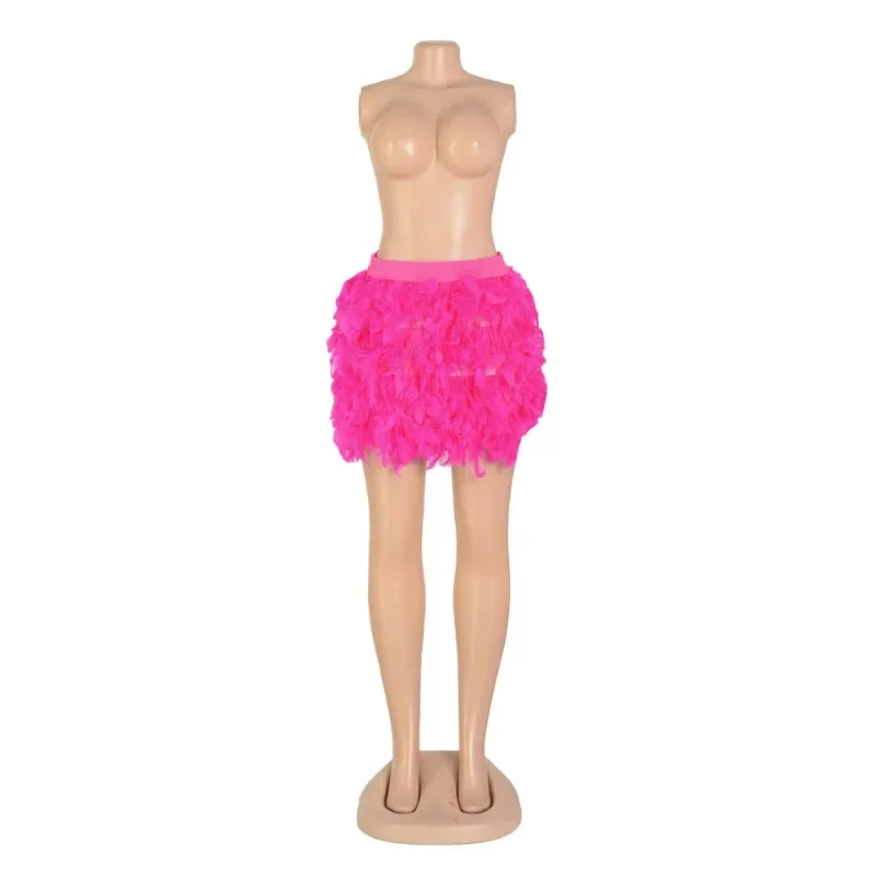 2024 Autumn Women Feathers Mini Skirts Fashion Sexy Elastic Waist Club Party Fluffy Skirt Female Birthday Outfits Bottoms