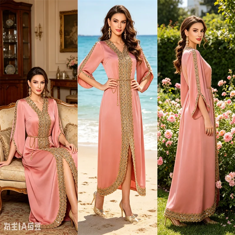 

New Abaya Jalabiya 2026 Eid Dress Women Muslim Beading Diamond Party Dress Lace Dresses Vestidos Largos Arab Robe Morocco Kaftan