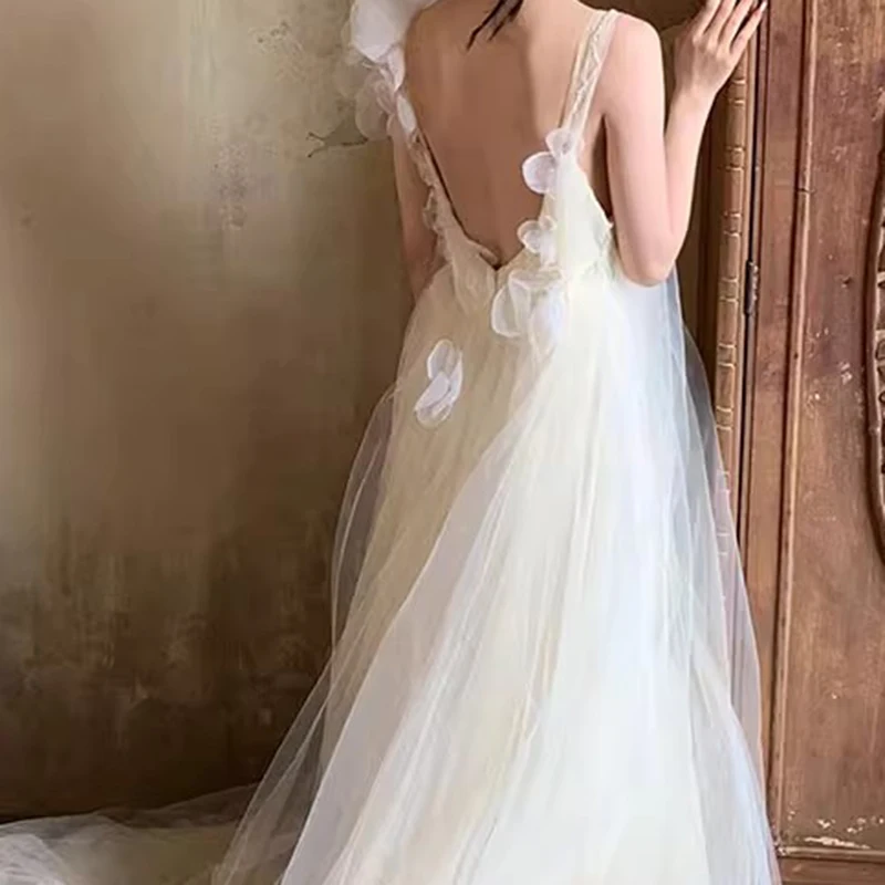 Bohemian Sheer Tulle Wedding Dress with Floral Accents Vintage Asymmetric Neckline Bridal Dress Train Beach Weddings