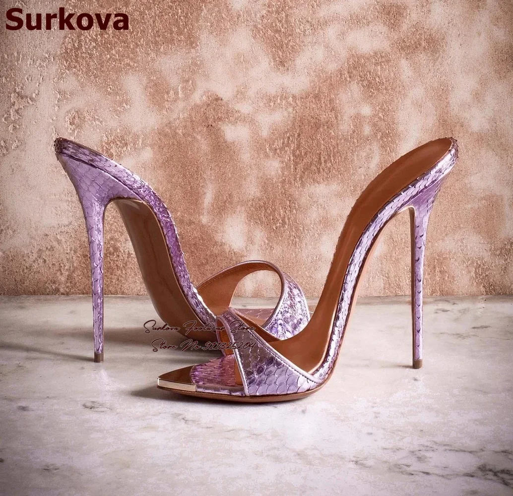 Surkova Pink Snaskeskin Gold Metal Steel Tip Toe Sandals Sexy Python Pattern High Heel Modern Slippers Slip-on Dress Shoes