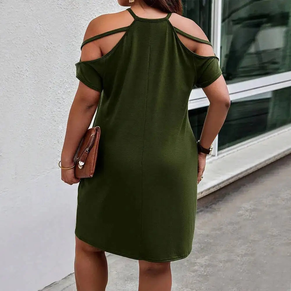 

Women's Size 2025 Plus Spring and Summer New Elegant Style Hanging Neck Dress with Off Shoulder Design, Mid Length Skirt Y2k