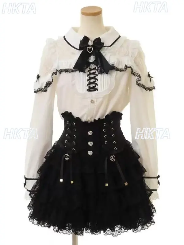 

Japanese Liz 2026 Spring New Lace Trim Off-Shoulder Blouses Top Puff Long Sleeve Color Block White Shirt Women Lolita Blouse