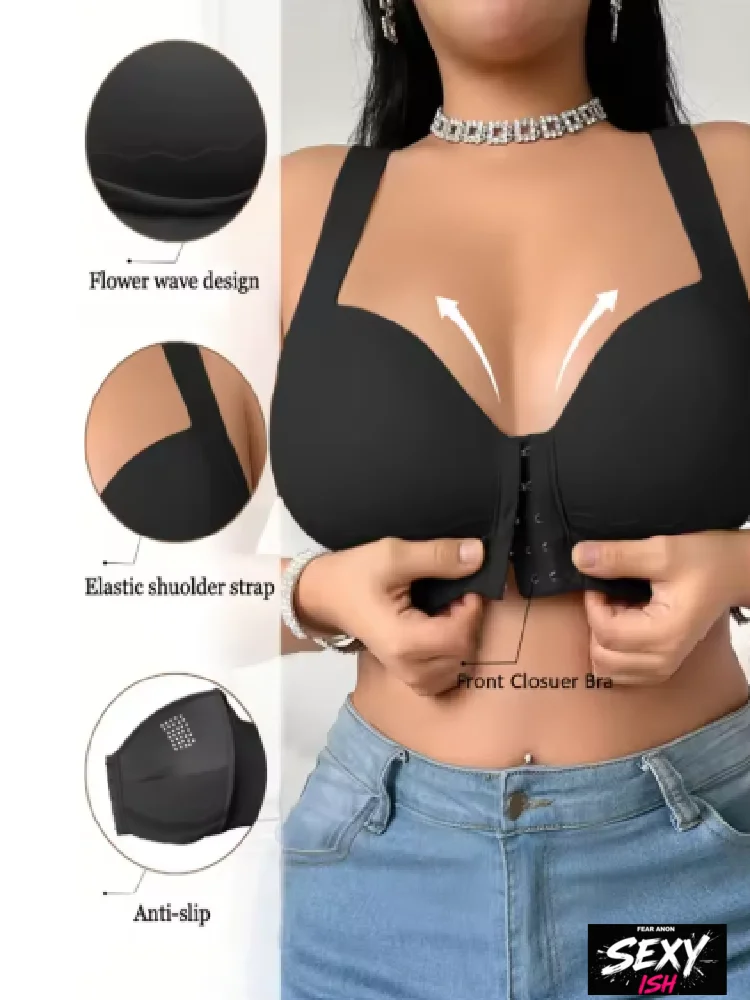 Large-size front-closure wireless bra with back support and posture enhancement, natural shape, without underwire, 42 46 48D, 2