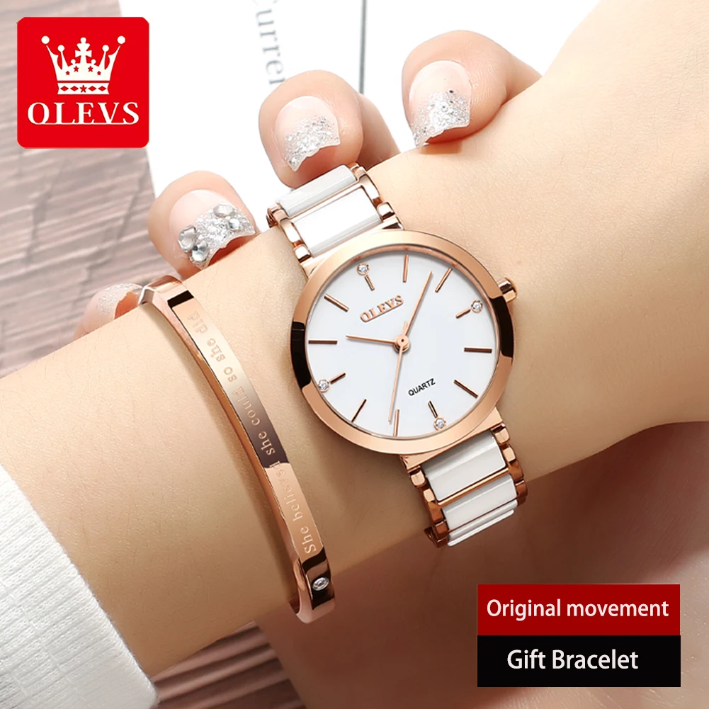 Olevs cerâmica pulseira de quartzo relógio feminino à prova dwaterproof água relógio de marca de luxo para mulheres moda elegante senhoras pulseira