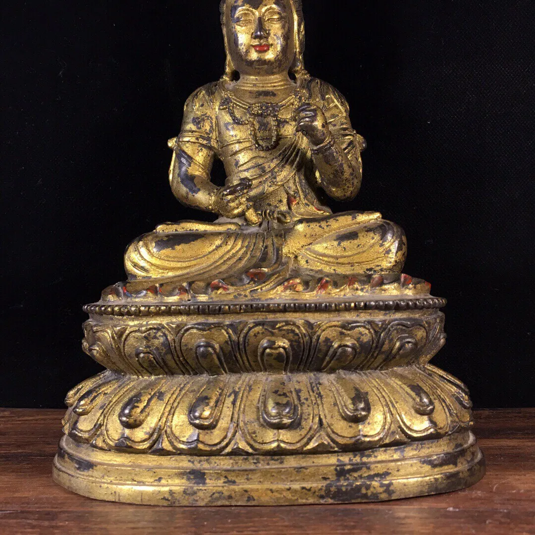 Tibetan Old Bronze Buddha Pure Copper Stripped of Gold and Vermilion Sand Painted Guanyin Bodhisattva, Home and Hall Articles, D