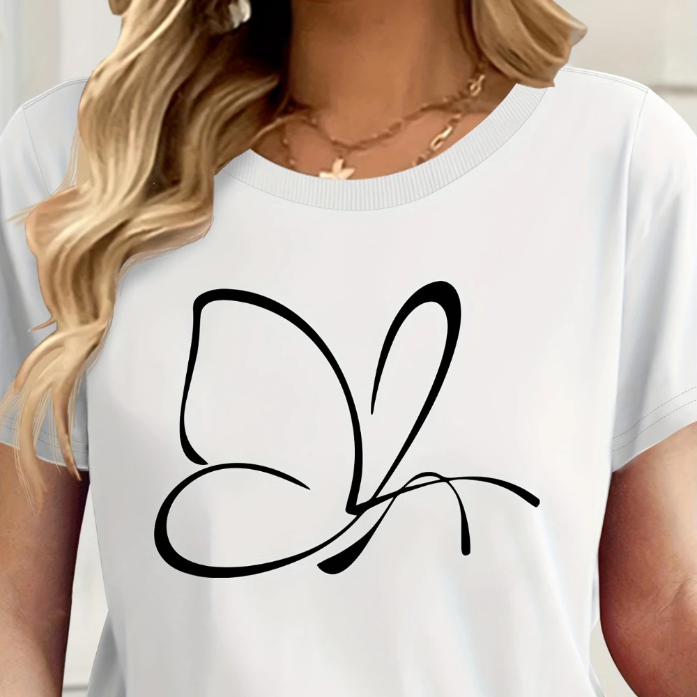 Women's Butterfly Print Casual T-Shirt - Soft Round Neck Short Sleeve Summer Top Simple Elegant Design