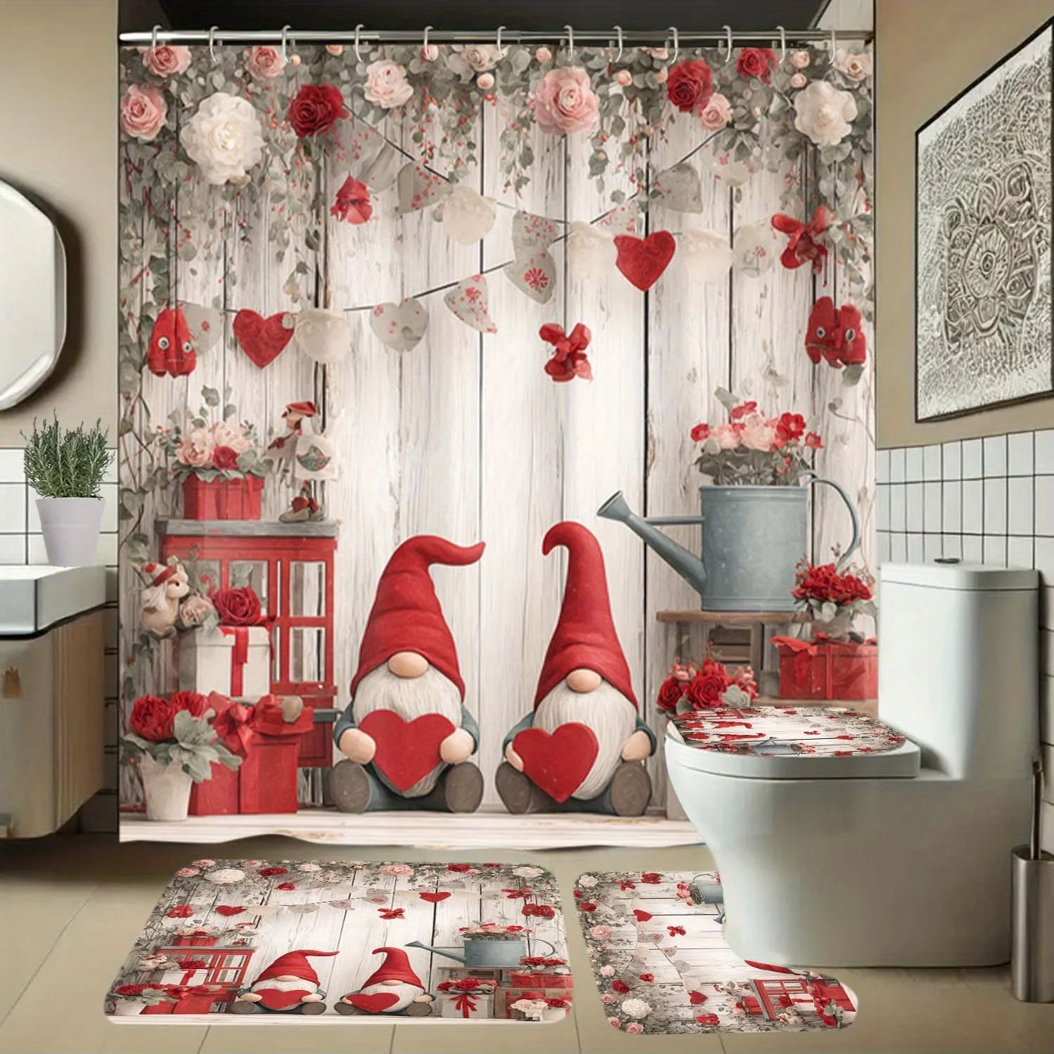 

4 шт., занавеска для душа с гном, сердцем, цветочным узором и крючками, занавеска для перегородки ванной комнаты, аксессуары для ванной комнаты, домашний декор