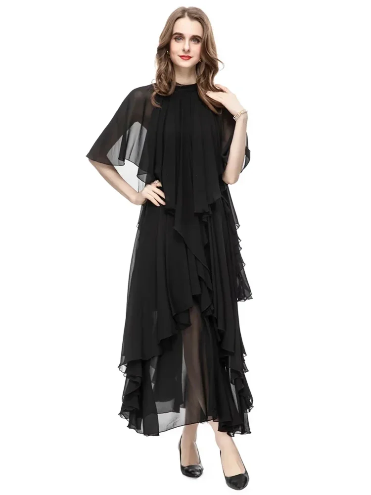 

Fashion Designer Summer Vintage Chiffon Dress Women Stand Collar Irregular Ruffles Holiday Party Black Long Dress Elegant