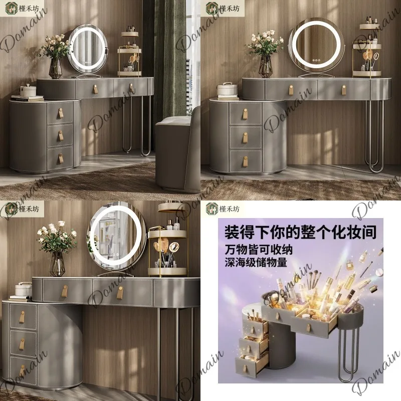 Italian Minimalist Luxury E0 Pine Wood Makeup Vanity, 6mm Sintered Stone Top, 5-Door Storage with Round Mirror