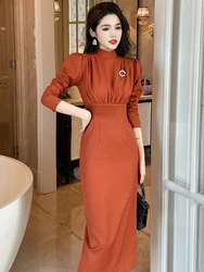 Women's Professional Dresses Retro Elegant Bubble Sleeve Pleated High Waist Wrap Hip Slit Midi Robe Femme OL Work Style Vestidos