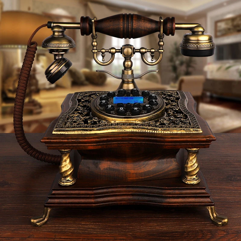 American Antique Telephone Button/Rotary Dial Solid Wood Household Landline , LCD Blue Backlit, Handsfree Calling