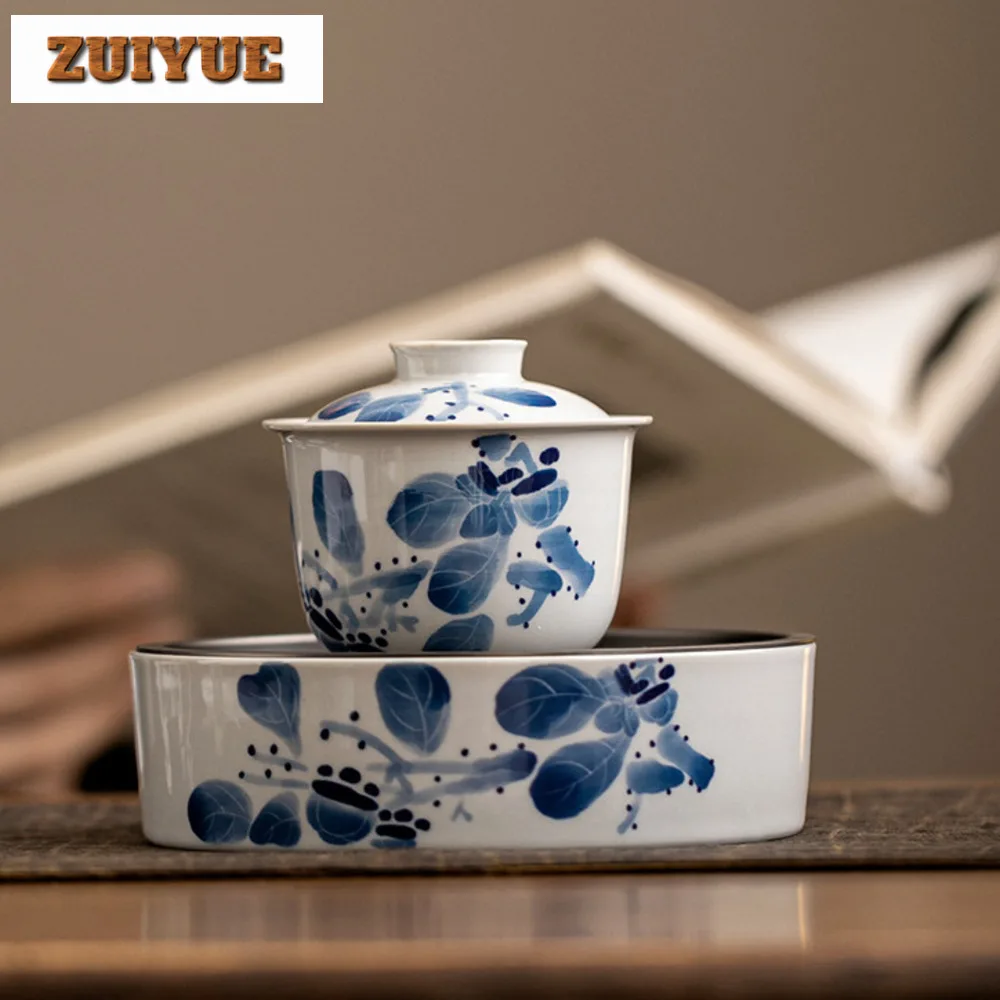 110ml Hand-painted Persimmon Gaiwan Blue and White Pot Bearing Holder Tea Tureen Japanese Tea Maker Cover Bowl Tea Services Gift