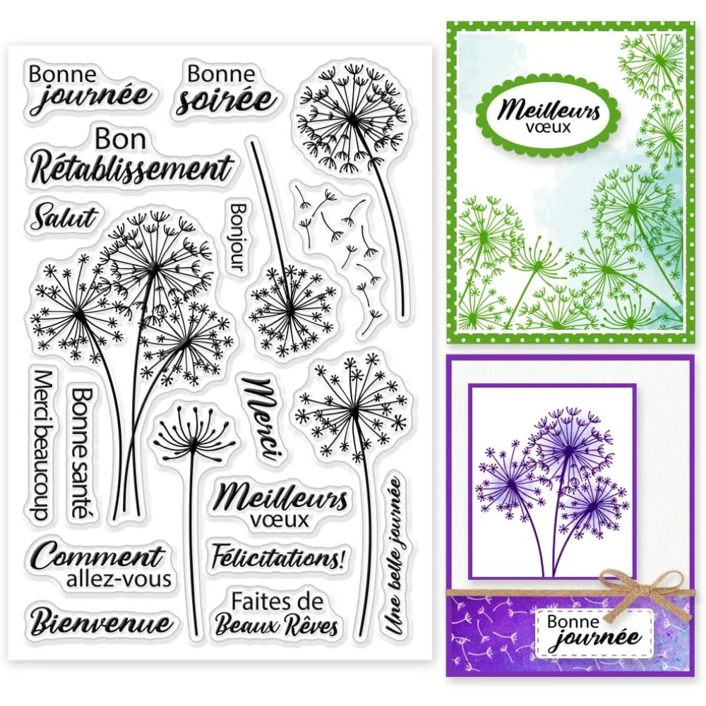 French Blessings Words Clear Stamps Dandelion Silicone Clear Stamp Seals Plants Transparent Stamps for DIY Making Kit