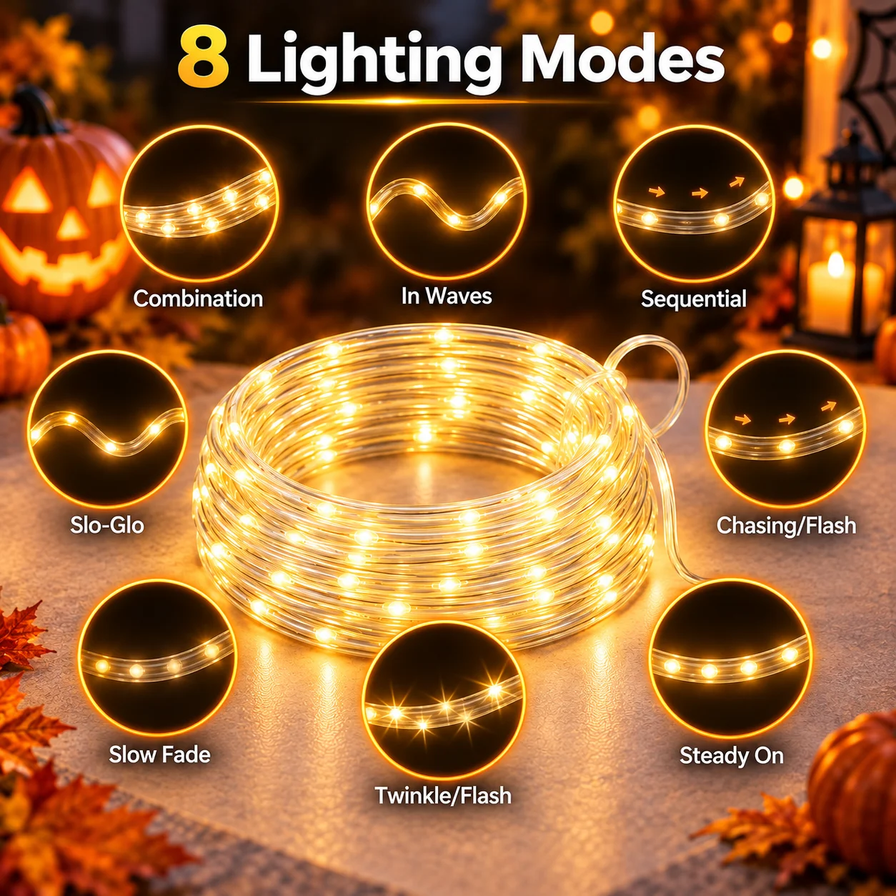 Halloween Lights Solar Tube Rope String Lights 7M/50LED 12M/100LED 17M/150LED 22M/200LED 8 Modes Auto On for Garden Patio Fence