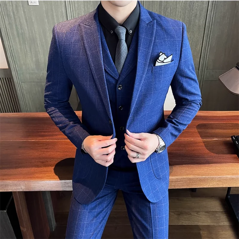 

( Jacket + Pants + Vest ) Men's Business Social Large Grid Slim Fit Suits Groom's Wedding Ball Party Dress 3 Piece Set