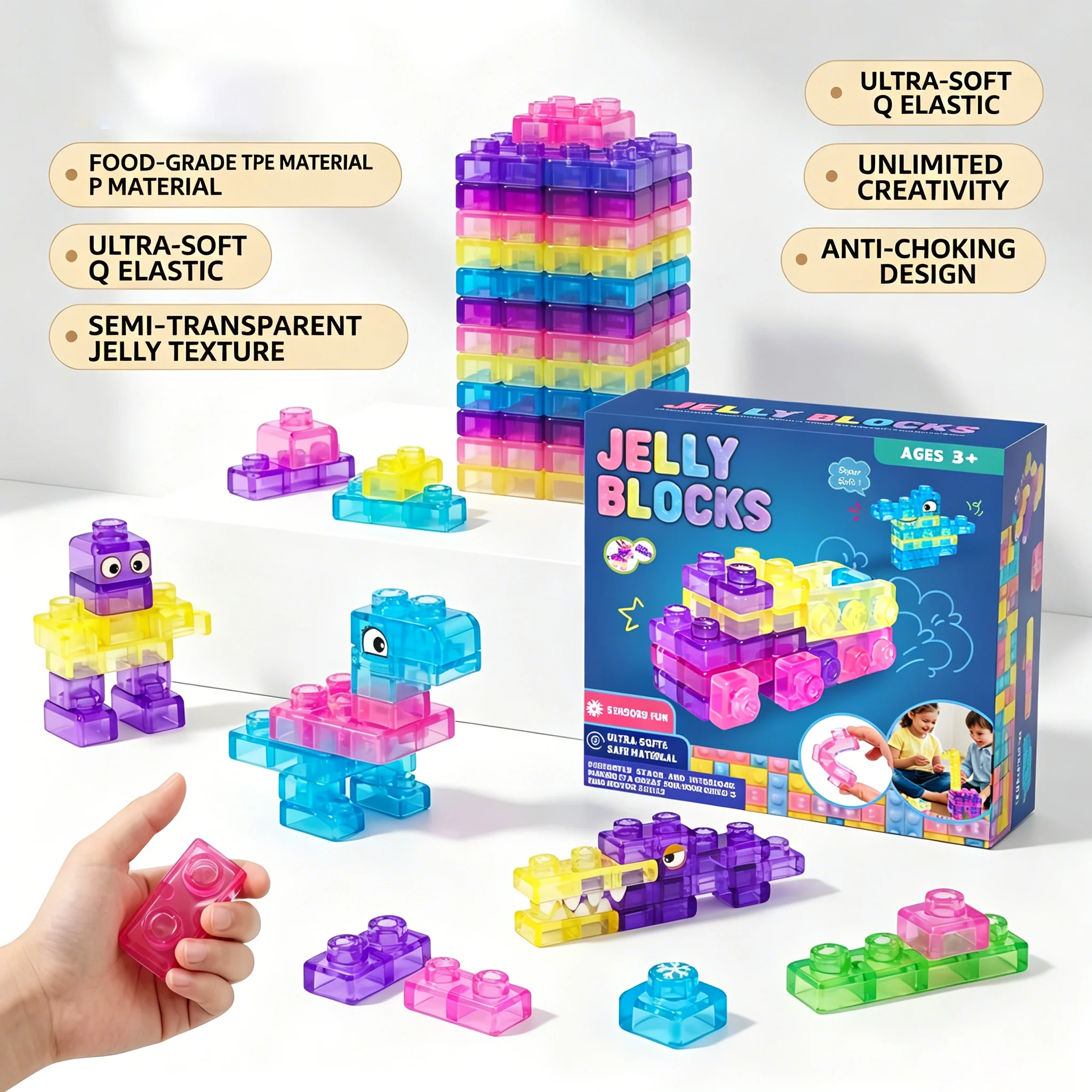 Squishy Jelly Building Blocks Soft Stretchy Sensory Toys Set Squeezable & Stretchable Construction Playset Puzzle Blocks view 2