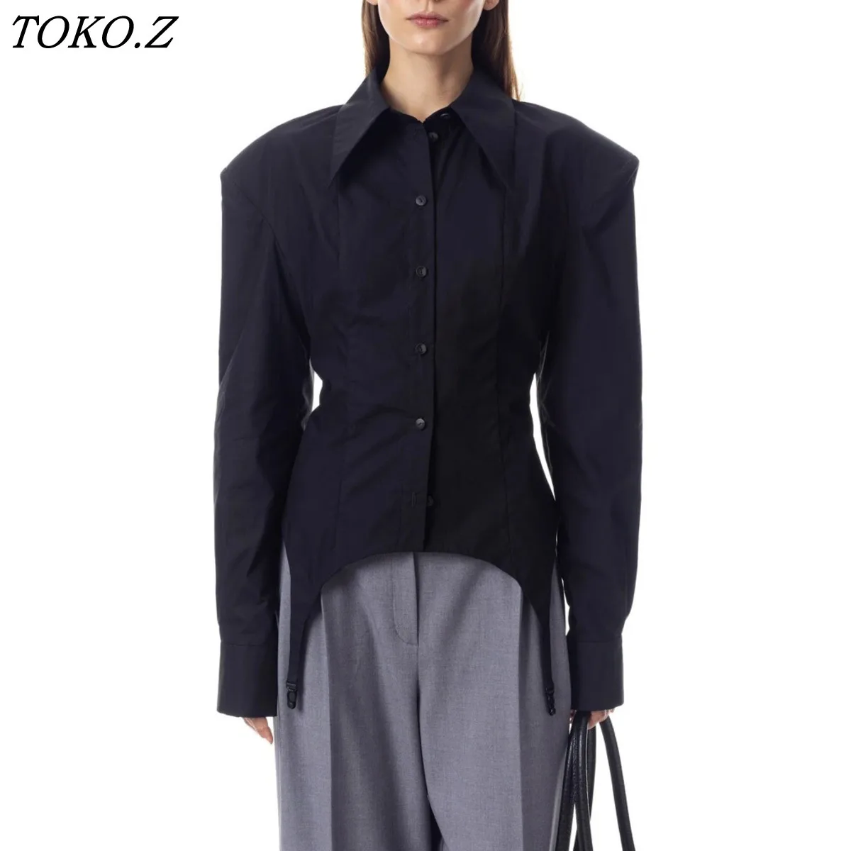 

TOKO 2026 New Women Button Down Shirt Oversized Collar Padded Shoulder Fitted Waist Asymmetric Garter Hem Long Sleeve Blouse