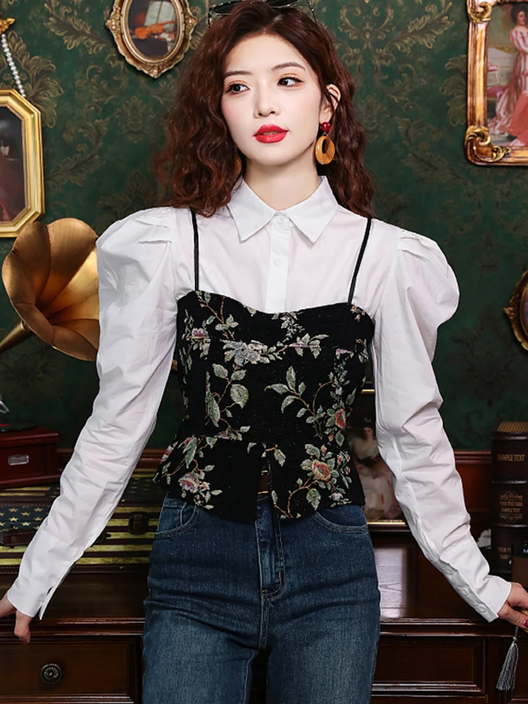 

2024 Spring Two Pieces Set Korea Chic Turn Down Collar Puff Long Sleeve White Shirt + Flower Embroidery Vest Tops Sweet Suit