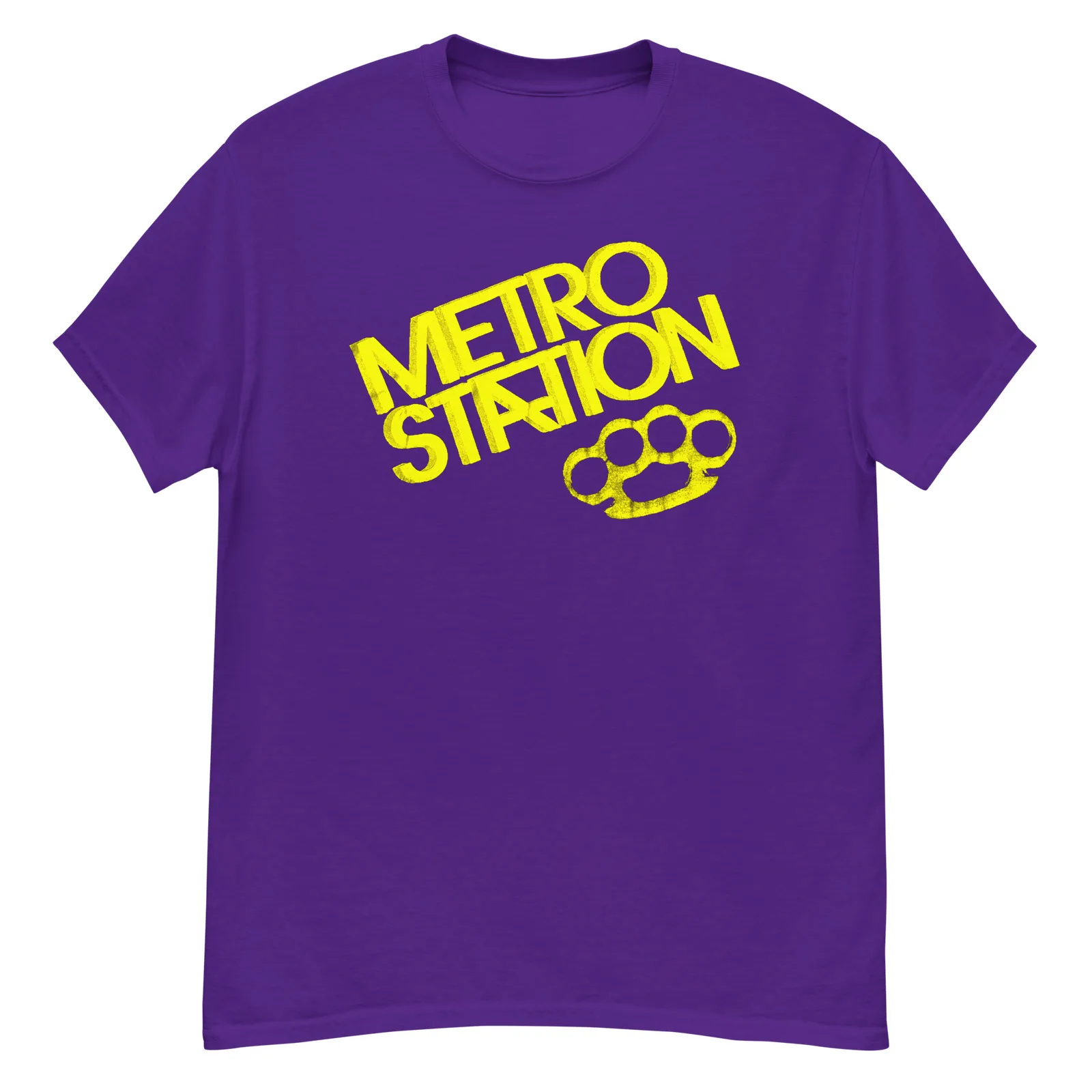 METRO STATION Yellow Distressed Knuckle Dusters Neon Pop Punk Band T Shirt