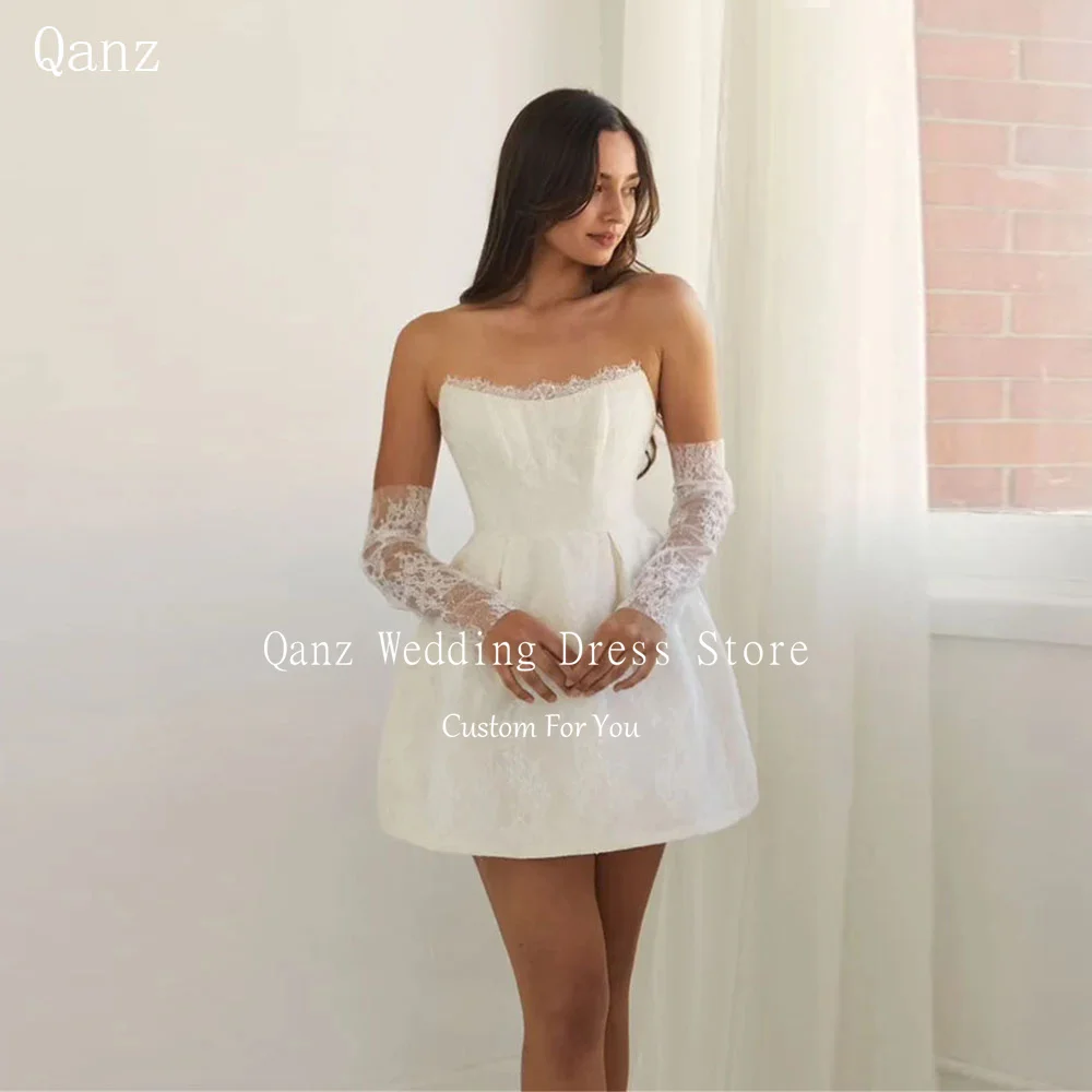 

Qanz Mini Long Sleeves Wedding Party Dresses Strapless Satin Above Knee Bridal Gowns Lace Up Back Vestidos De Noche Elegantes