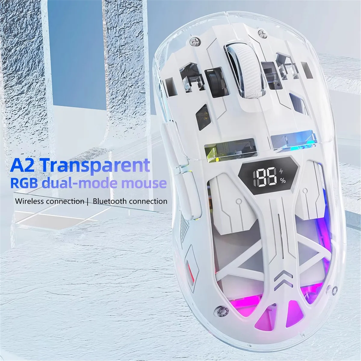 ABXHA Mouse Nirkabel Transparan dengan Layar Digital, 2.4G RGB 4000DPI Penyesuaian 5 Langkah, Tombol Bass, Mouse Gamer Bluetooth, A