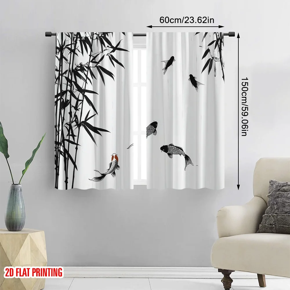 2 قطعة ستائر نافذة مطبوعة مسطحة ثنائية الأبعاد من الخيزران وأسماك كوي (2) ستائر بوليستر مطبوعة رقمية للاستخدام في العطلة لغرفة النوم