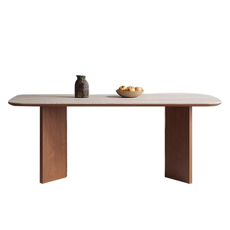 

Cream solid wood rock slab dining table chairs antique family small apartment travertine ash wood