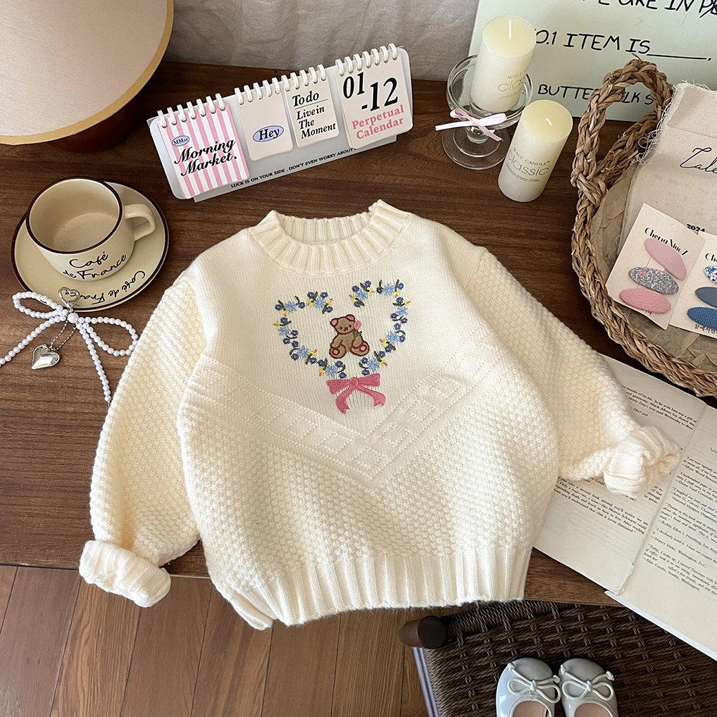 

Круглый вязаный свитер Ne для девочек с вышивкой в виде медведя, осенний модный корейский базовый слой, универсальный удобный Wa...