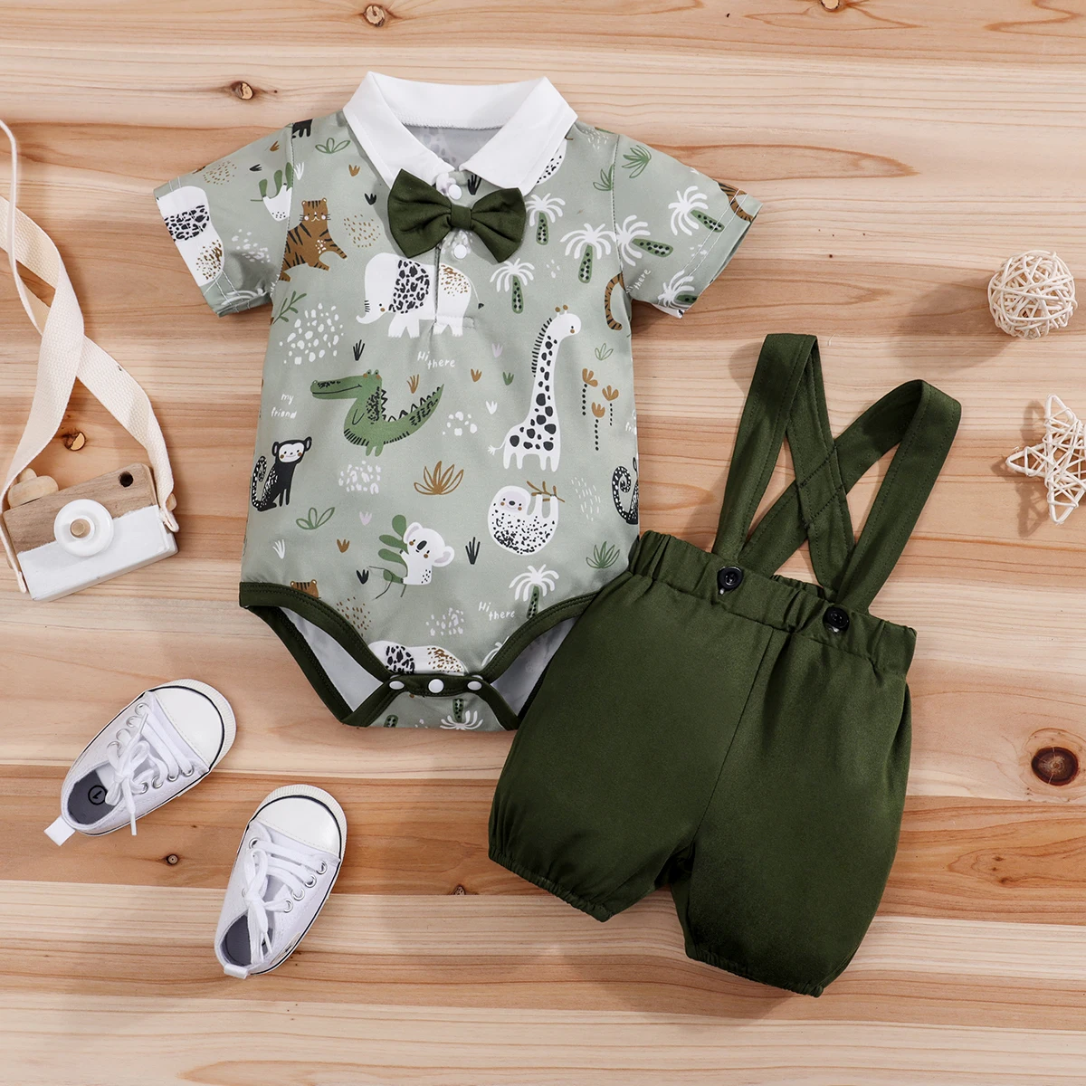 2PCS IURNXB Newborn Baby Boys Clothes Set Infant Short Sleeve Gentleman Overall Bodysuit Romper Suspenders Pants Outfits 0-18M