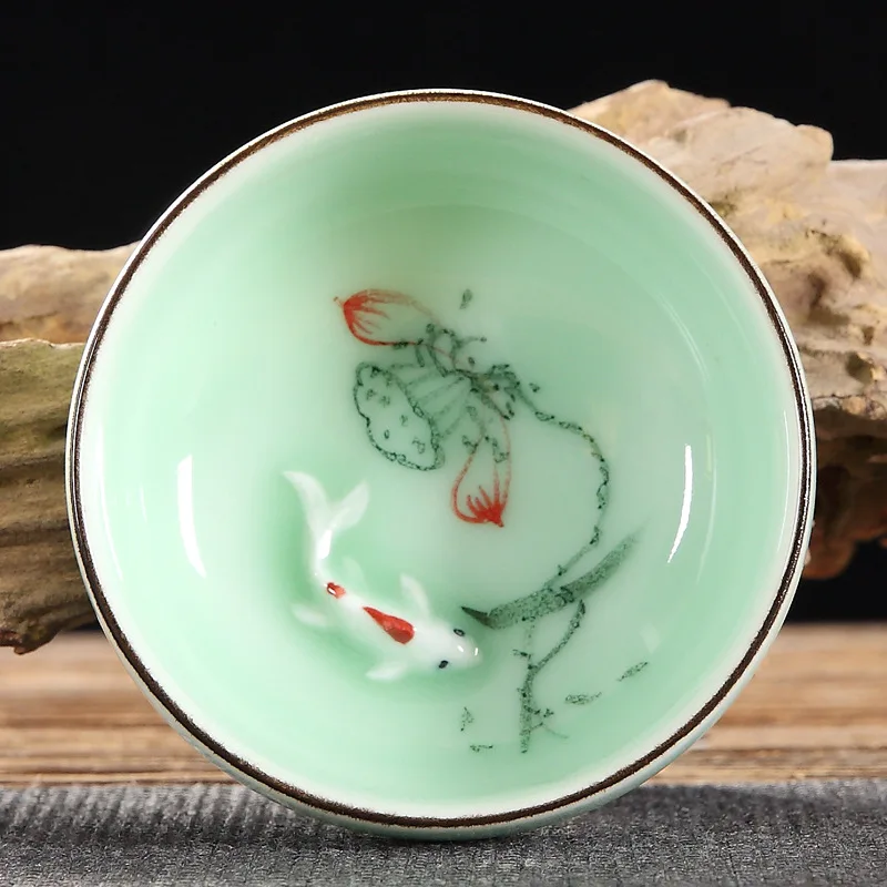 High Quality Celadon Chinese Kung Fu Tea Set Round Flat Lotus Carp Pu'er Tea Cups Hand-painted Ceramic Single Carp Teacup