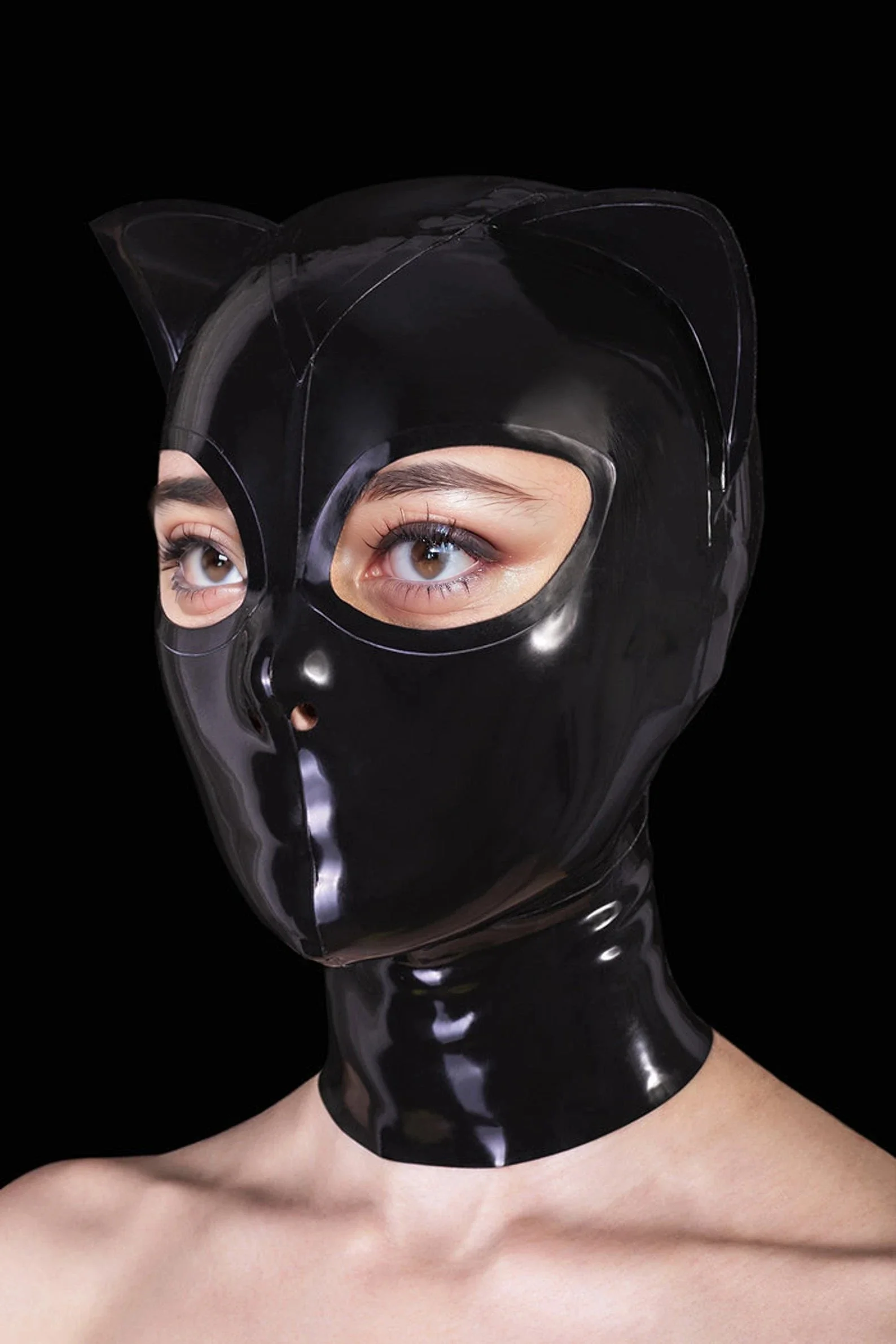 

Latex customized fetish hood Black Latex Cat - Style Head Mask Exquisite Cat Ear Design open eyes mouth clubwearing cosplay