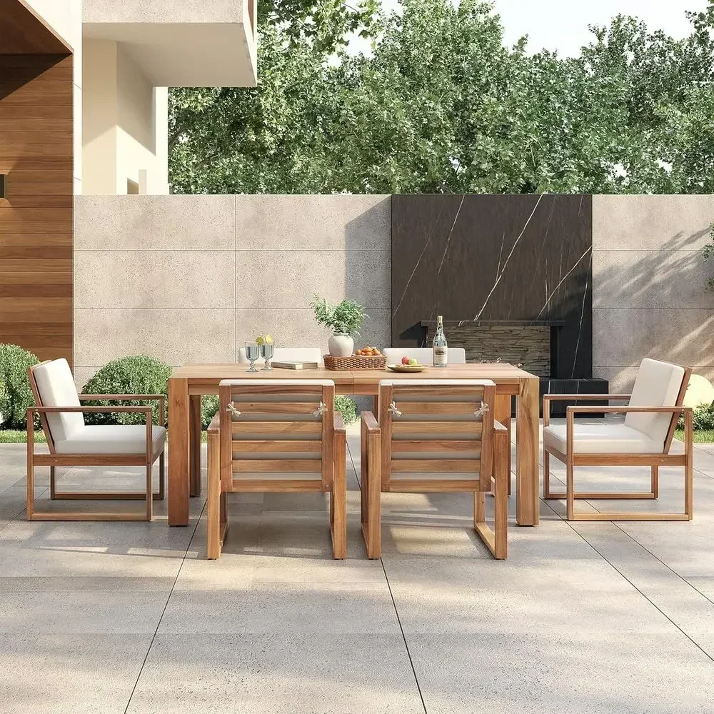 6-Piece Outdoor Dining Set with Table and Armchairs, Umbrella Hole, Removable Cushions, Weather-Resistant Acacia Wood for Patio,
