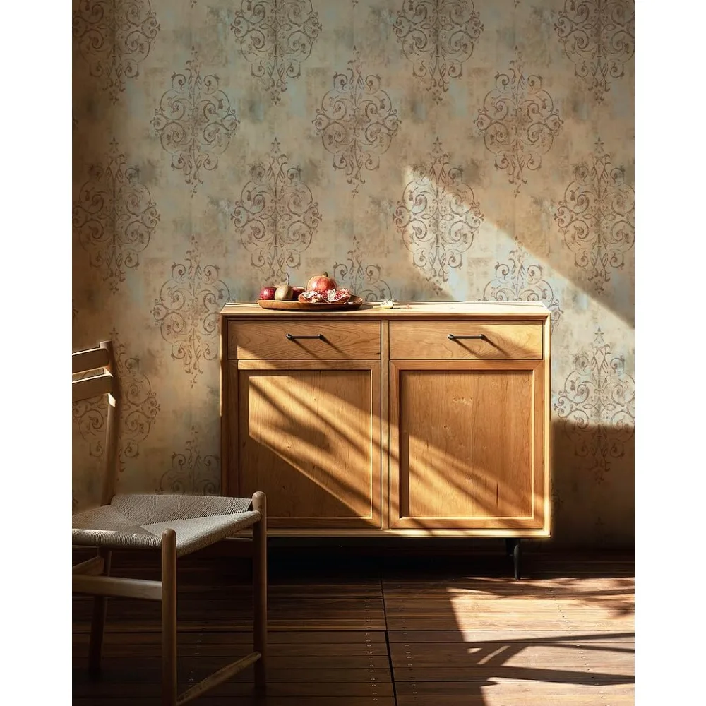 ورق جدران دمشقي عتيق قابل للتقشير واللصق باللون الأصفر العميق والأزرق الضبابي والبني للجدران - تصميم فينيل ذاتي اللصق مع فرنسي