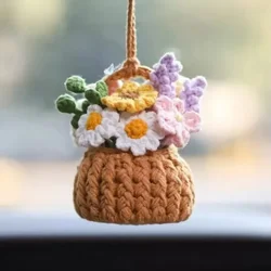 Cute Car Accessories,Car Mirror Decor Knitted Flower Baskets Car Rearview Mirror Handmade Crochet Pendant Ornament Gift Bonsai