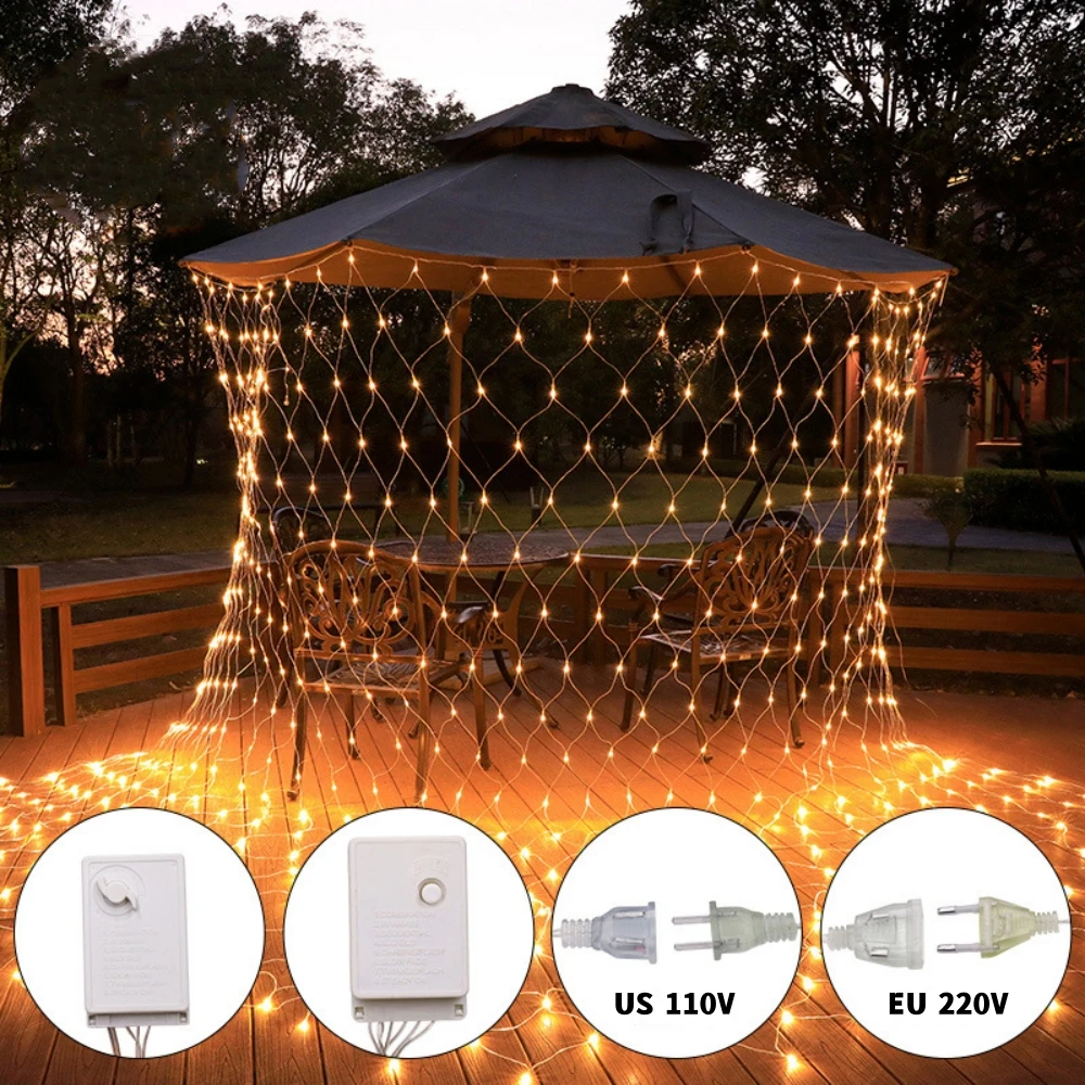 Rede de led malha luz de fadas 1.5*1.5m 3*2m 6*4m 10*8m ao ar livre cortina à prova dwaterproof água lâmpada da corda 110v 220v natal festa de casamento decoração