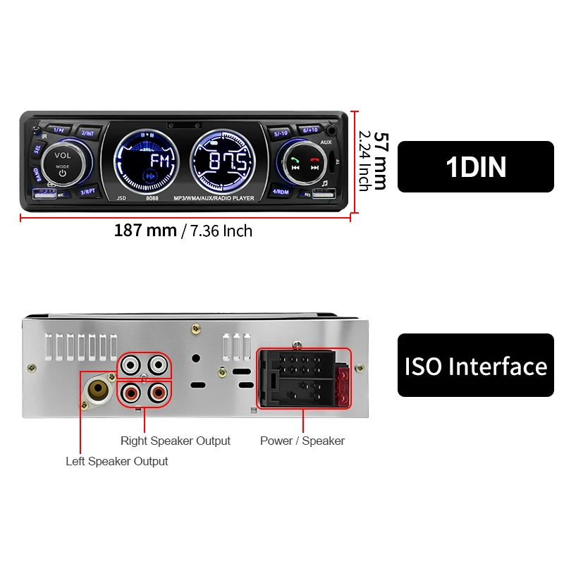 1din Car Radio Bluetooth Audio Stereo 12/24V MP3 Player 5V Charging FM Radio/AUX/USB/TF Card Playback Universal