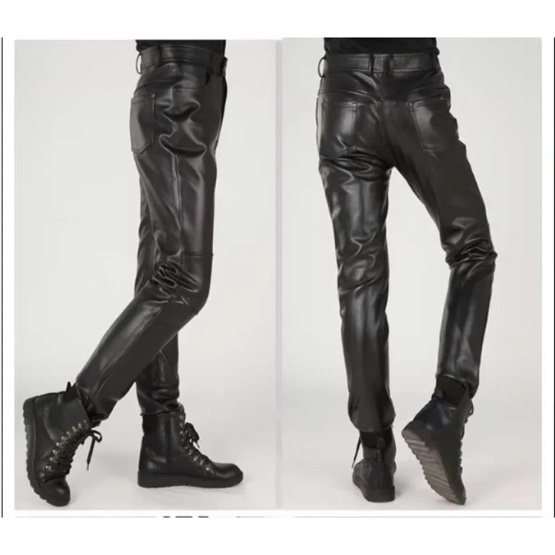 Black Windproof Men's Leather Pants Motorcycle Riding Slim Trousers Fashion Rock Style Night Club Pantalon Cuir