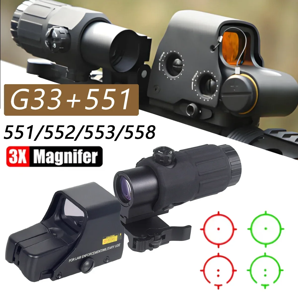 Tactical 551 552 558 553 G33 Red Dot Sight UNIT Mount Holographic Flip 3X Magnifier Weapon Optics Reflescope Collimator Hunting