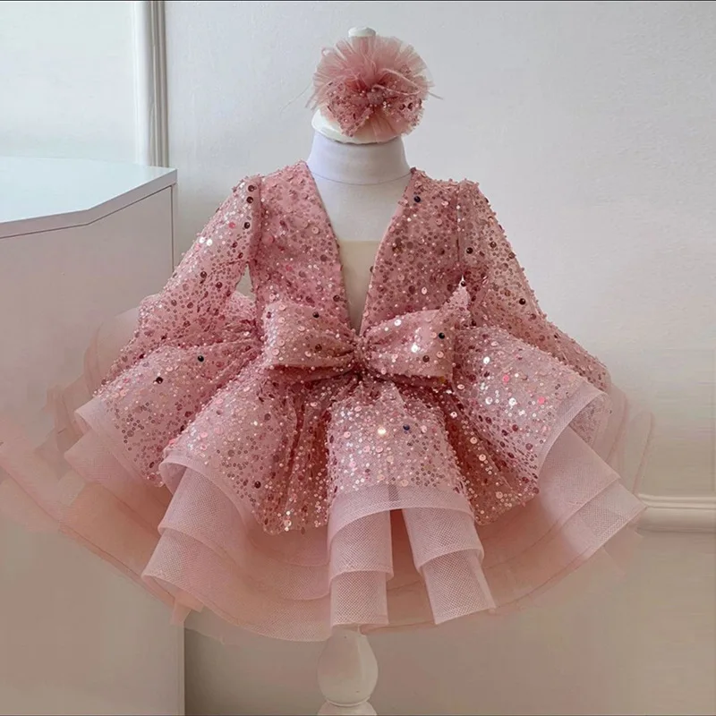 Children Bridesmaid Lace Embroidery Sequins Bow Birthday Party Princess Dress Piano Performance Bubble Skirt Costume Christmas