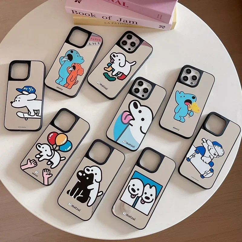 Capa de telefone espelho bonito Play Cartoon Dog, capa para iPhone 11, 12, 13, 14, 15, 16 Pro Max, 15, 16 Pro Max