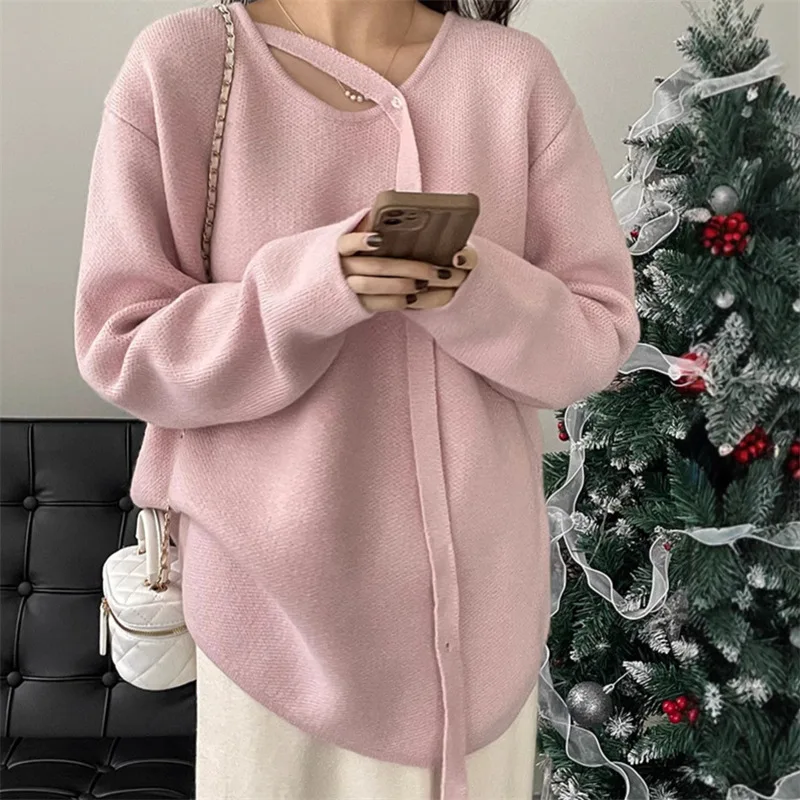 2025 Autumn/Winter New Design Knitted Sweater with Waist Strap Side Buckle Gentle Style Solid Color Sweater for Women