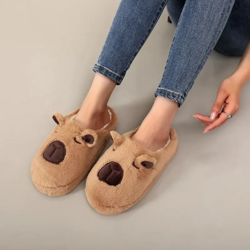 Warm Brown Capybara Plush Slippers Non-Slip Soft Sole Indoor Home Shoes Unisex Lightweight Silent Holiday Gift