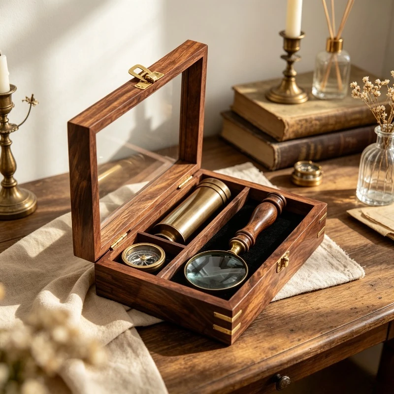 Vintage Brass Explorer Set, Antique Telescope Compass Magnifying Glass Gift Box, Nautical Decor for Study Office Desk Display.