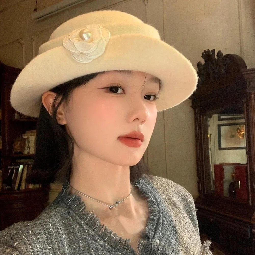 

Fashion French Style Hepburn Style Topper Hat Flat-top Woolen Black Felt Hat Beige Wide Brim Women Jazz Hat Funeral