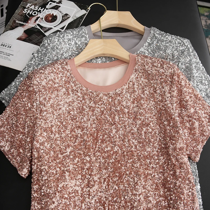 

Блестящая футболка с пайетками и вышивкой, с коротким рукавом, женская летняя, роскошная, в минималистичном стиле, из полиэстера, с круглым вырезом