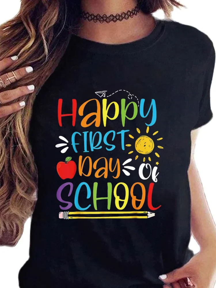 

Happy First Day of School Teacher Back to School Boys Girls TShirt Short Sleeve Loose Man Tops Print Round neck Tee Fashion Tops