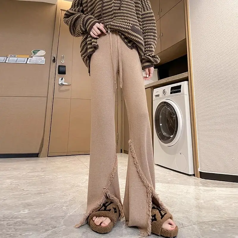 سراويل سميكة متماسكة للنساء للخريف والشتاء سراويل أرز لزجة ناعمة بشرابة عالية الخصر سراويل مدببة للتنحيف