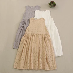 Japanese Sweet Mori Girl Hollow Out Embroidery Tank Dress Women O-Neck Sleeveless Solid Color Casual Loose A-Line Dresses