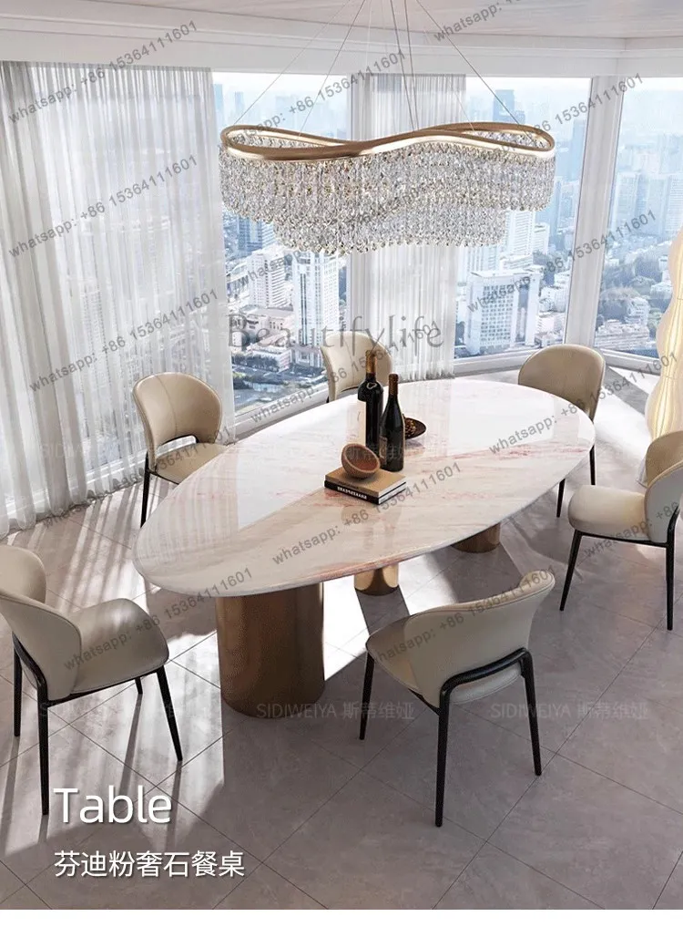 YJ Pink Natural Luxury Stone Dining Table Italian Modern Drop Shape Cream Style Rose Jade Marble Dinner Table